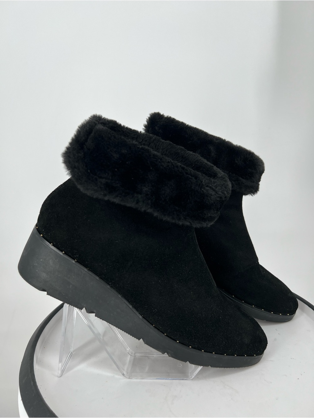 Steven Natural Comfort Bingo Black Suede Faux Fur Cuff Wedge‎ Booties